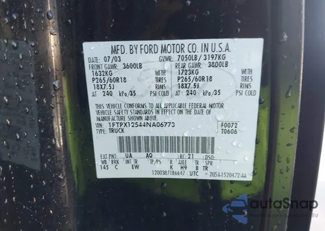 2004 Ford F-150 Lariat/Xl/Xlt z USA, uszkodzony, nr VIN 1FTPX12544NA06773